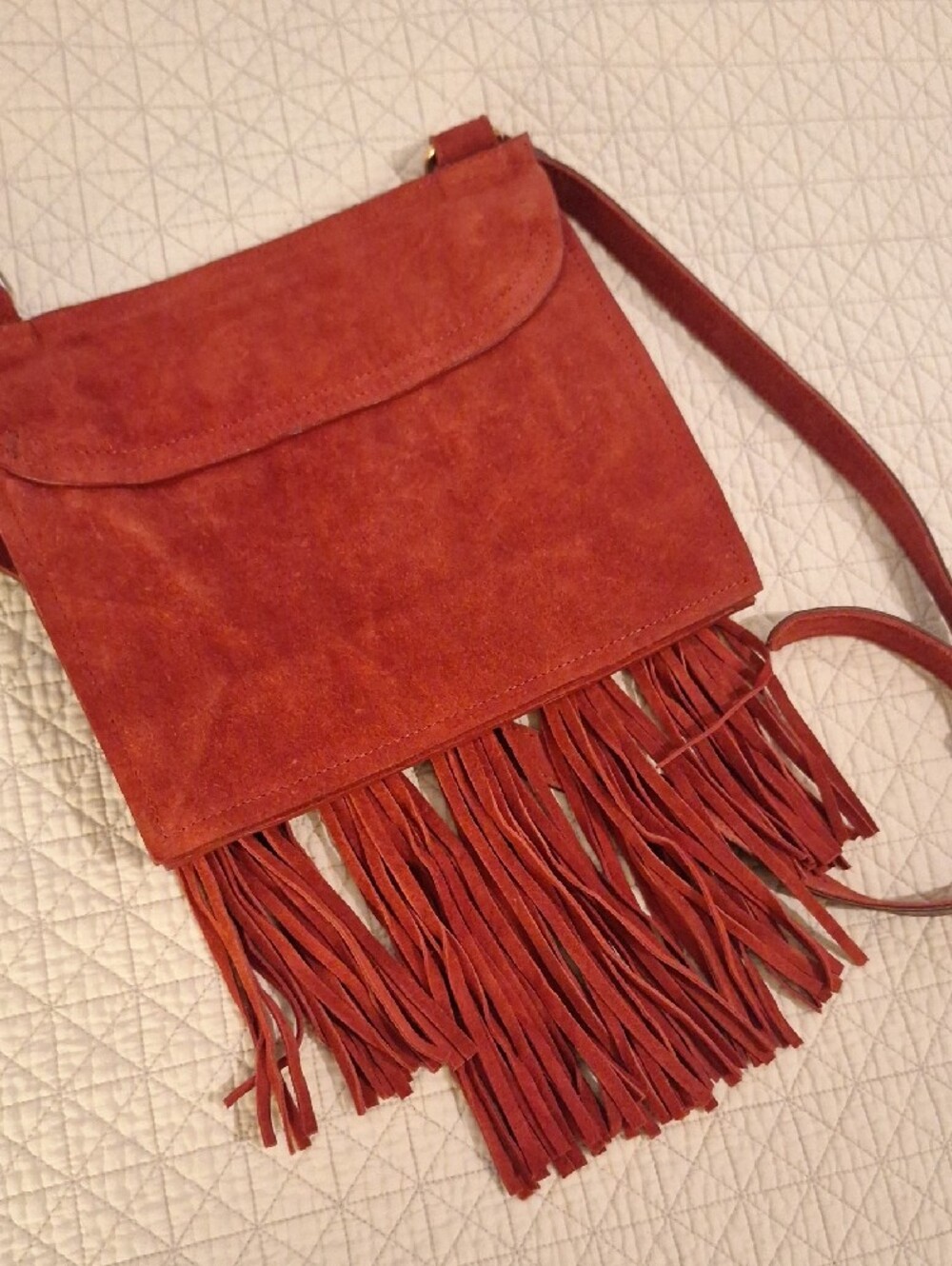 Free People Rust Red Suede Fringe Crossbody Bag w brass rings, leather accents - Picture 8 of 8